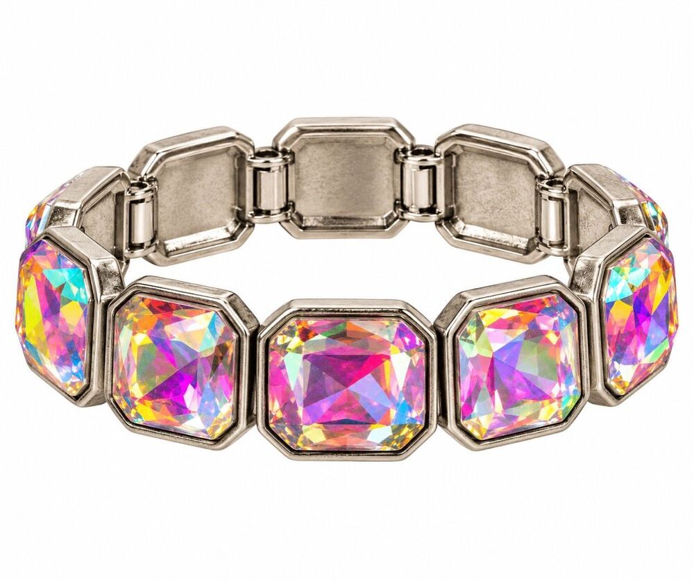 Iridescent AB Crystal Chunky Silver Tone Statement Link Bracelet